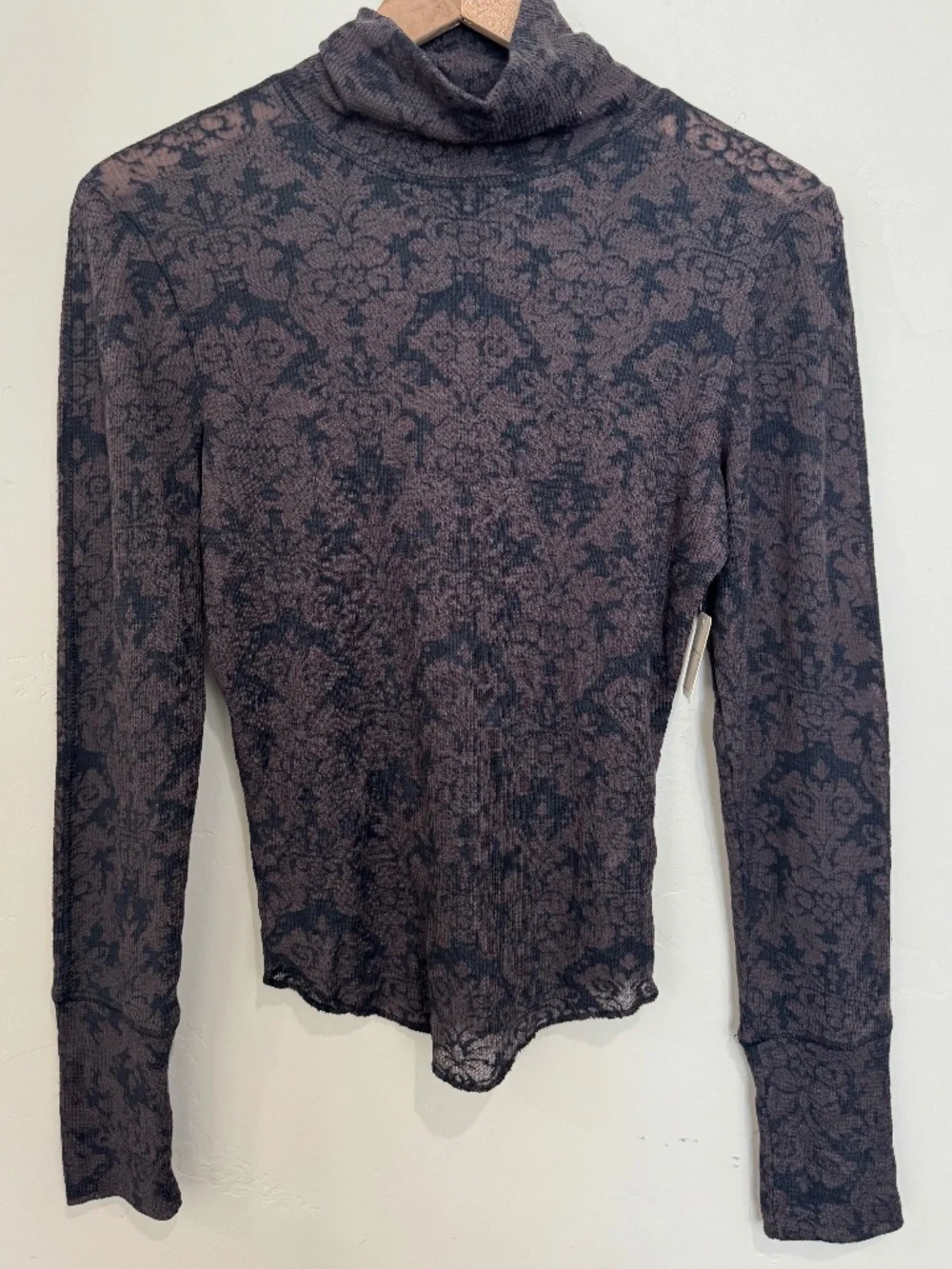 NWT Free People You & I Turtleneck Top Semi Sheer Long Sleeve Blouse Brown Black